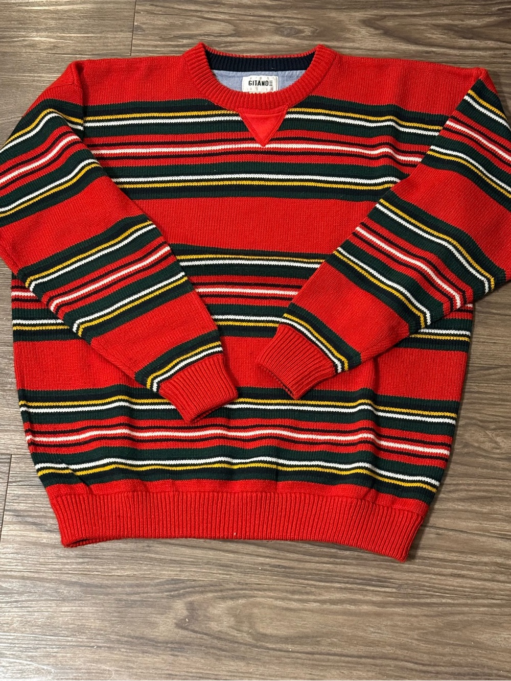 Gitano Red Striped Crewneck Sweater with Green and Yellow Accents